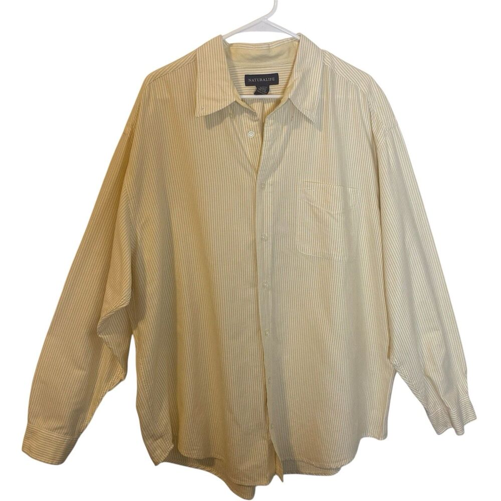 Naturalife Shirt Men XL Yellow 100% Cotton Button Down Striped Preppy Minimalist